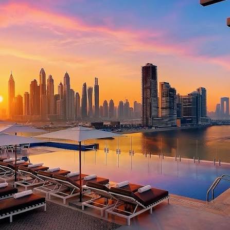 Dubai skyline with modern skyscrapers at dusk