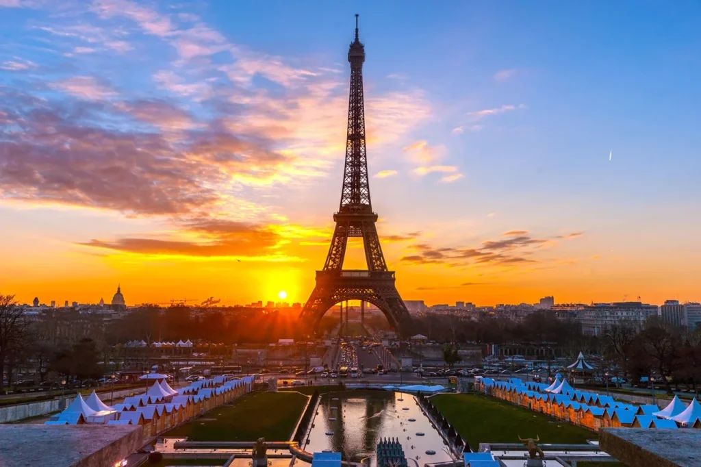 The Eiffel Tower in Paris at sunset